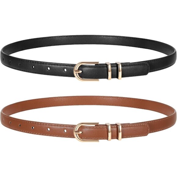 2 Pack Women's Skinny Leather Belts Black Dark Brown Thin Faux with Gold Buckle - Picture 1 of 6